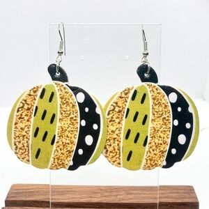 Faux Leather Pumpkin Shaped Patterned Print Earrings